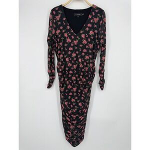 11 Honore Ruched Midi Dress Size 2X Black Pink Floral Mesh Bodycon Feminine